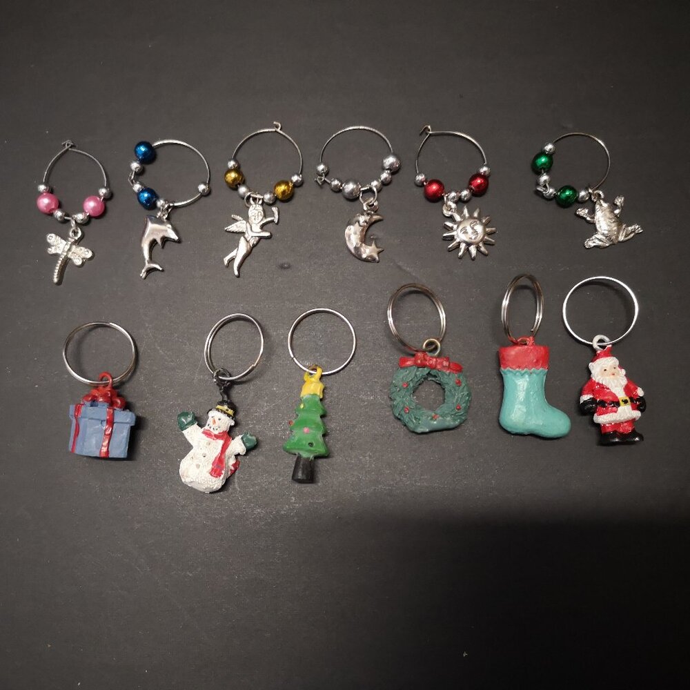 Set of 12 Wine Glass Charms / 6 Colorful Ones For Christmas & 6 Metal for Other